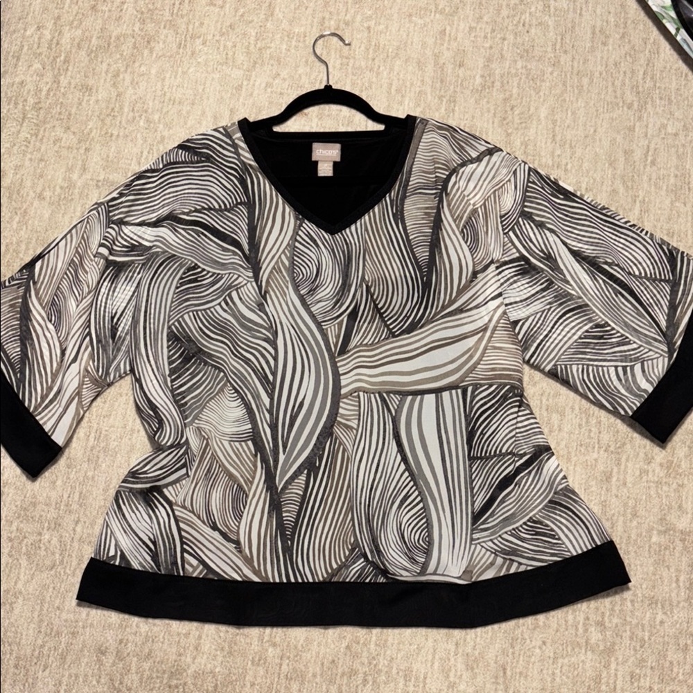 Chico's Sz 2 Large 12 lightweight flowy top dolman sleeves Brown black cream